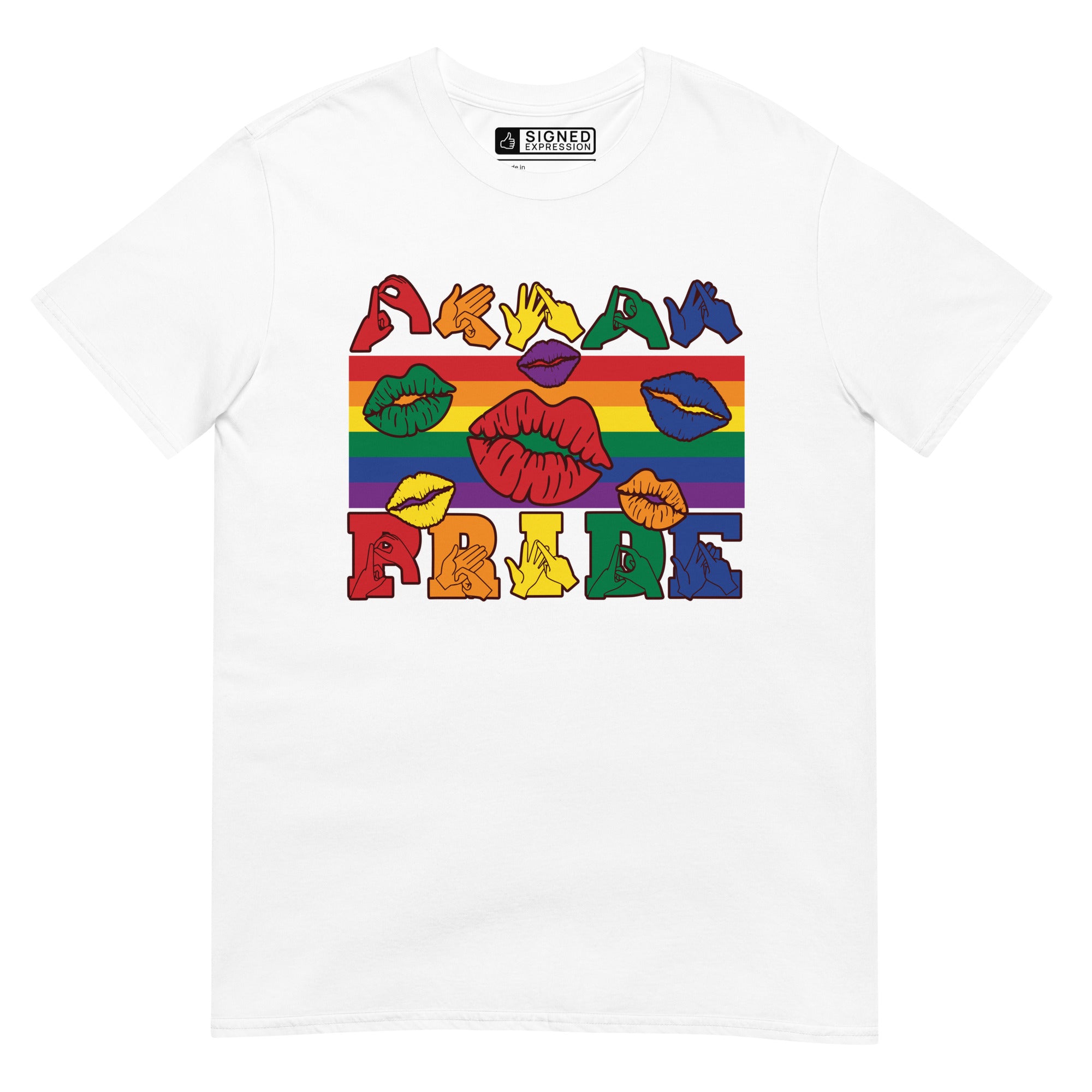 White t-shirt with pride rainbow stripes, colourful kissing lips and the word pride in BSL fingerspelling