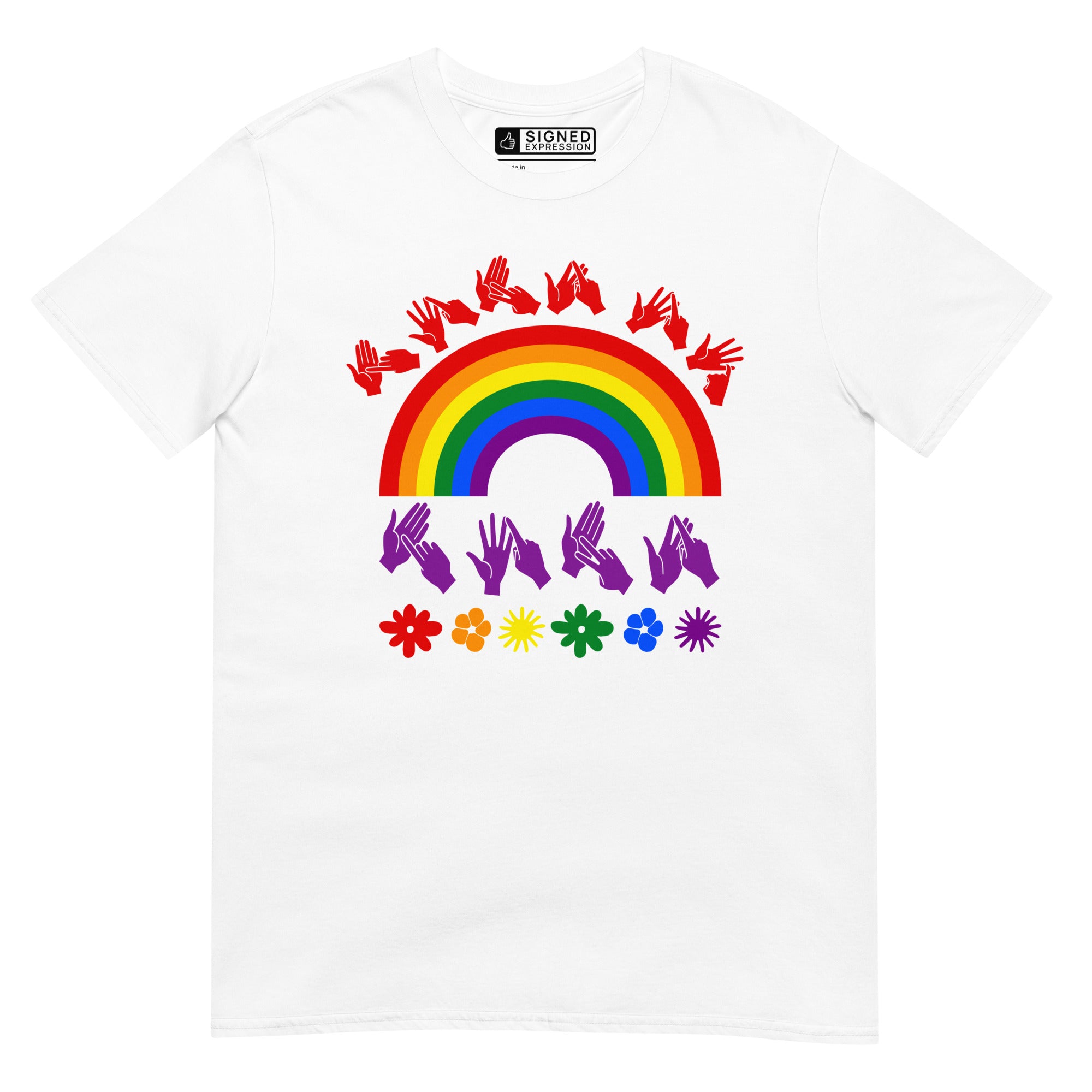 White t-shirt with pride rainbow surrounded by the phrase "Love Is Love" in BSL fingerspelling