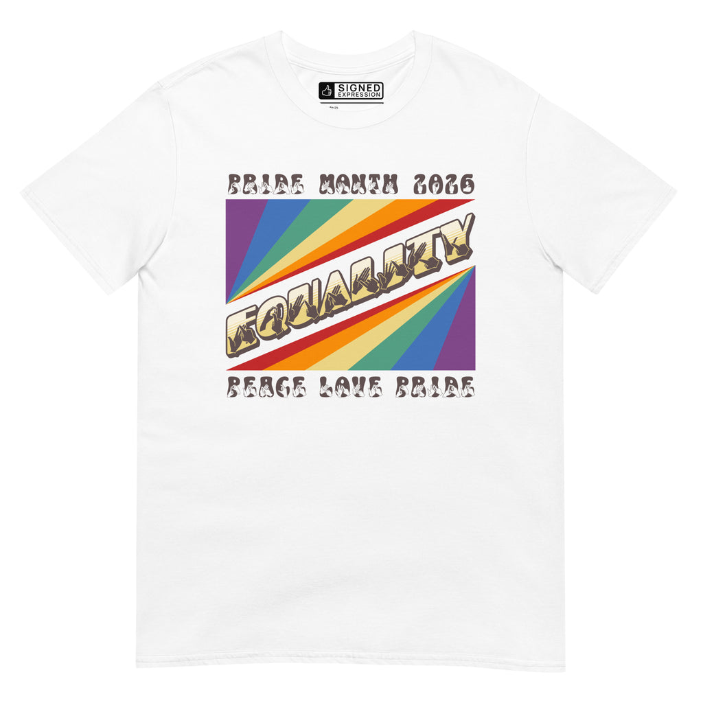 White t-shirt with pride rainbow spectrum of colours with the word Equality through the centre in BSL fingerspelling font