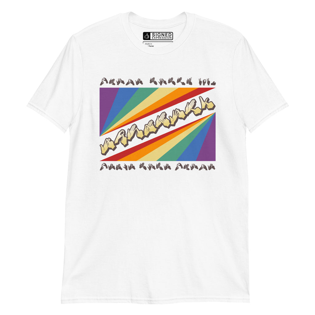 White t-shirt with pride rainbow spectrum of colours with the word Equality through the centre in BSL fingerspelling