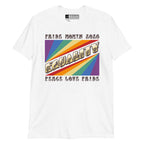 White t-shirt with pride rainbow spectrum of colours with the word Equality through the centre in ASL fingerspelling font