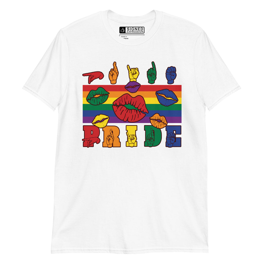 White t-shirt with pride rainbow stripes, colourful kissing lips and the word pride in ASL fingerspelling