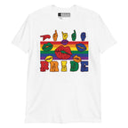 White t-shirt with pride rainbow stripes, colourful kissing lips and the word pride in ASL fingerspelling