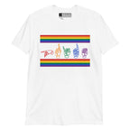 White t-shirt with pride rainbow stripes and the word pride in ASL fingerspelling