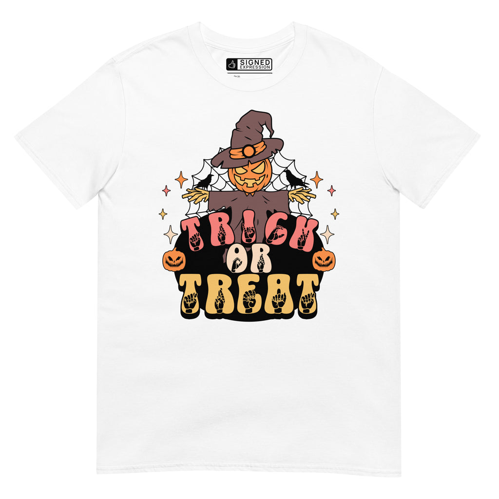 White Halloween scarecrow trick or treat t-shirt with ASL design.