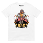 White Halloween scarecrow trick or treat t-shirt with ASL design.