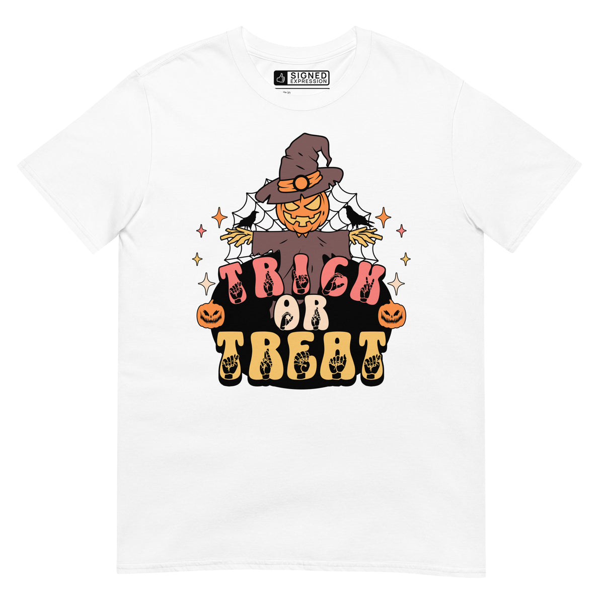 White Halloween scarecrow trick or treat t-shirt with ASL design.