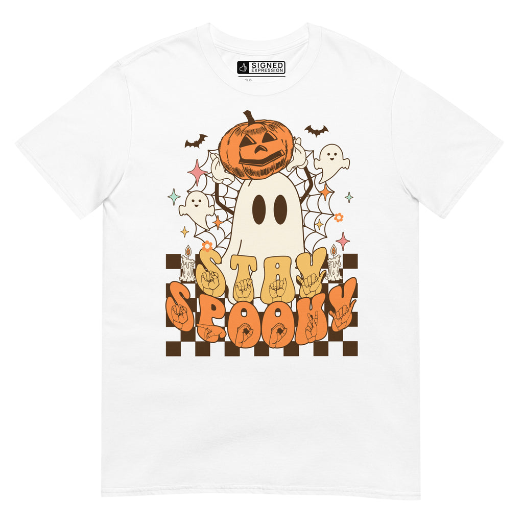 White Stay Spooky ghost pumpkin Halloween t-shirt with ASL design