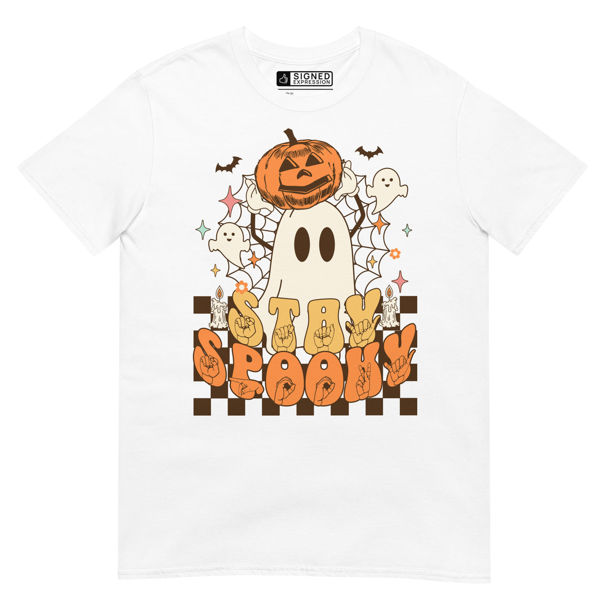 White Stay Spooky ghost pumpkin Halloween t-shirt with ASL design