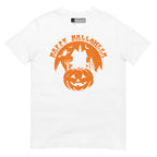 White Happy Halloween pumpkin haunted house t-shirt with ASL design
