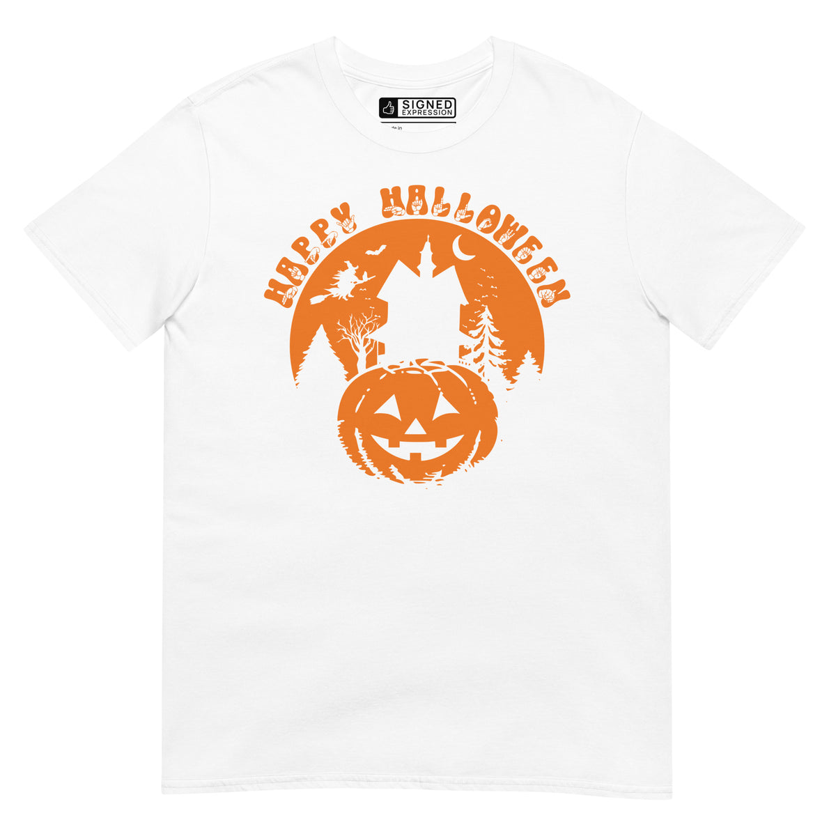 White Happy Halloween pumpkin haunted house t-shirt with ASL design