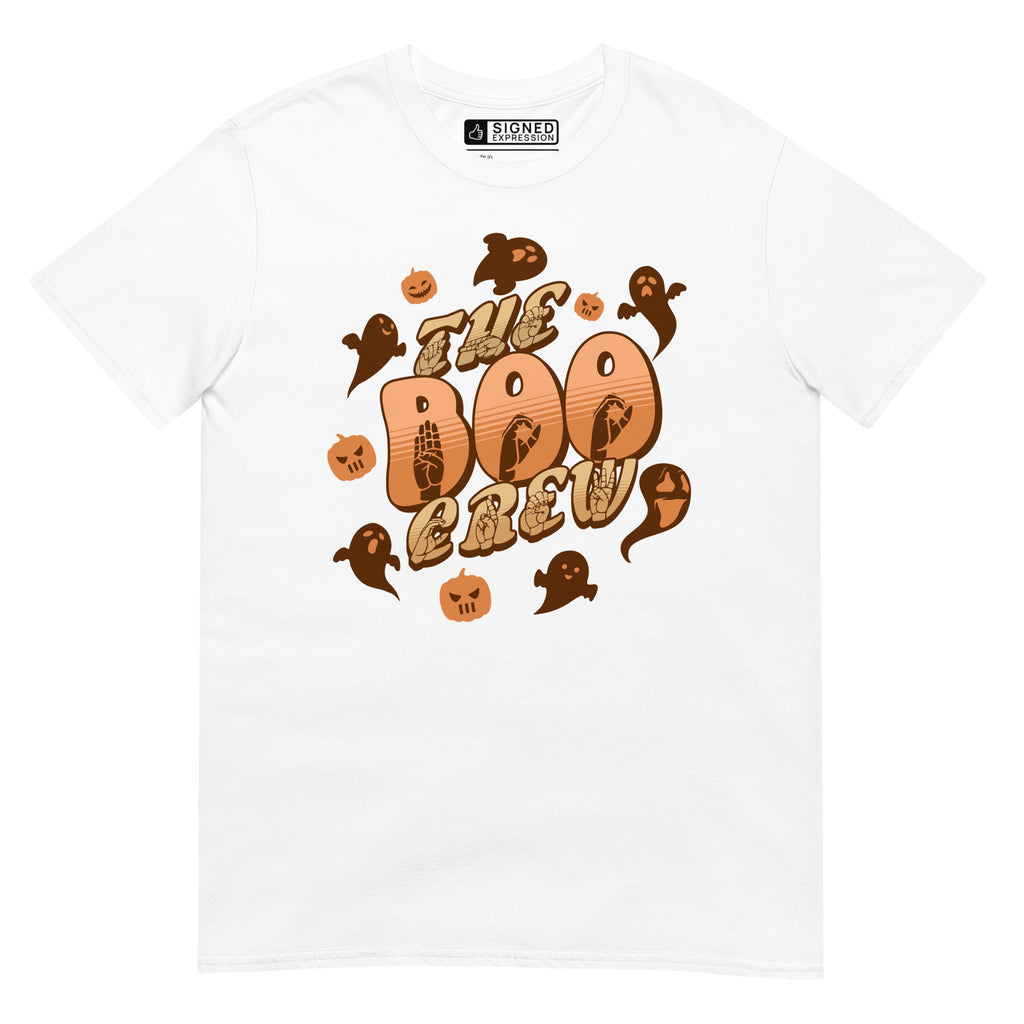 White Boo Crew Halloween t-shirt with pumpkins, ghosts, and ASL design