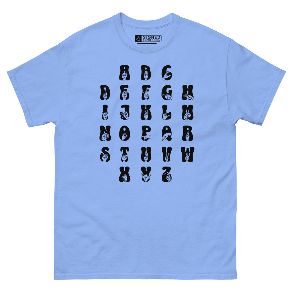 Front view of a carolina blue t-shirt with ASL Alphabet - Black Fingerspelling & Text
