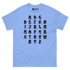 Front view of a carolina blue t-shirt with ASL Alphabet - Black Fingerspelling & Text