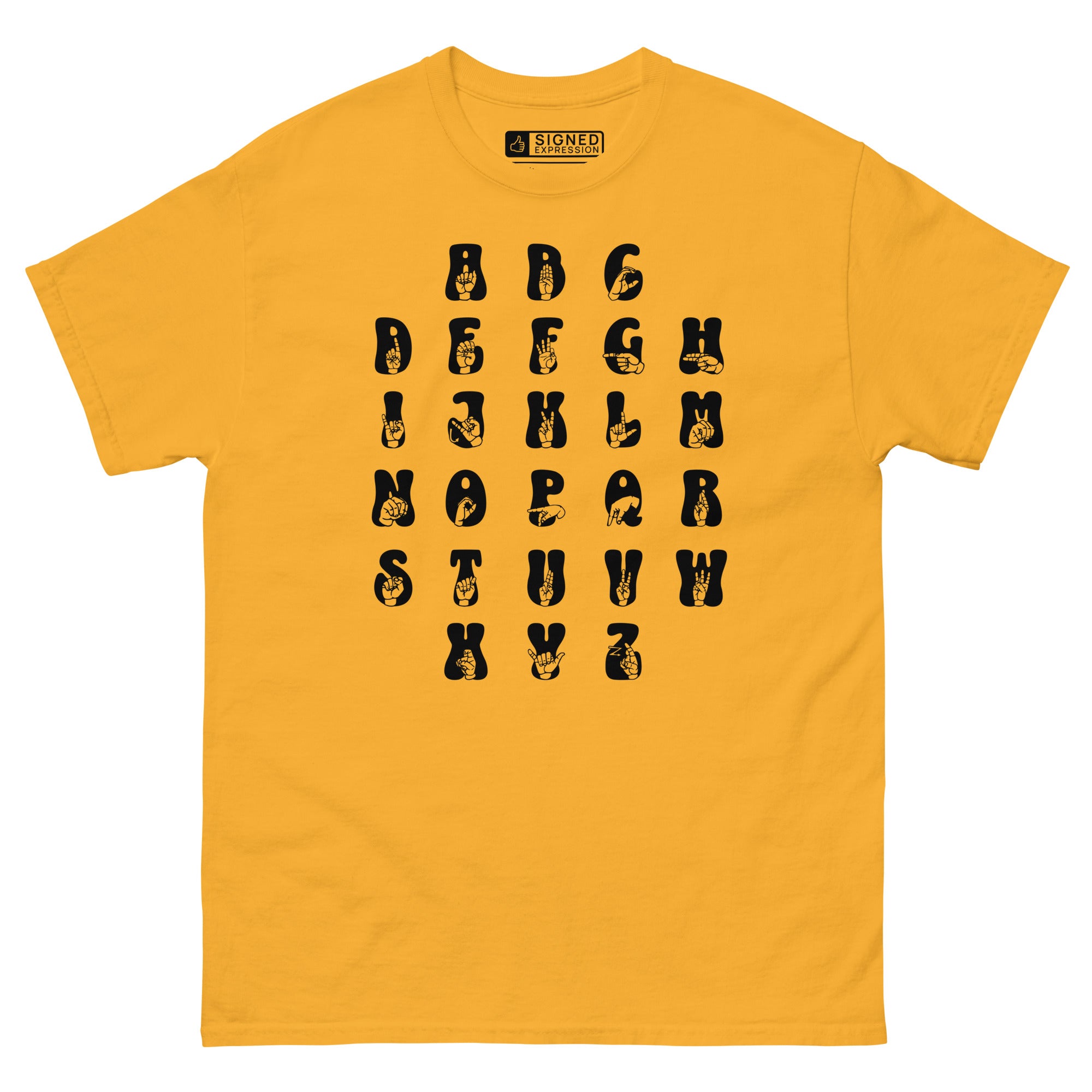 Front view of a gold t-shirt with ASL Alphabet - Black Fingerspelling & Text
