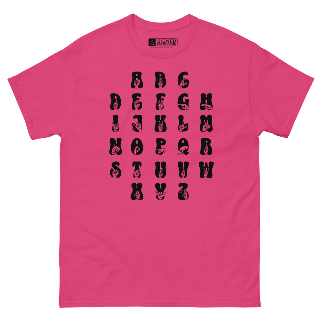 Front view of a heliconia t-shirt with ASL Alphabet - Black Fingerspelling & Text