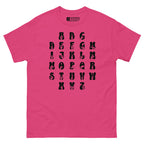 Front view of a heliconia t-shirt with ASL Alphabet - Black Fingerspelling & Text