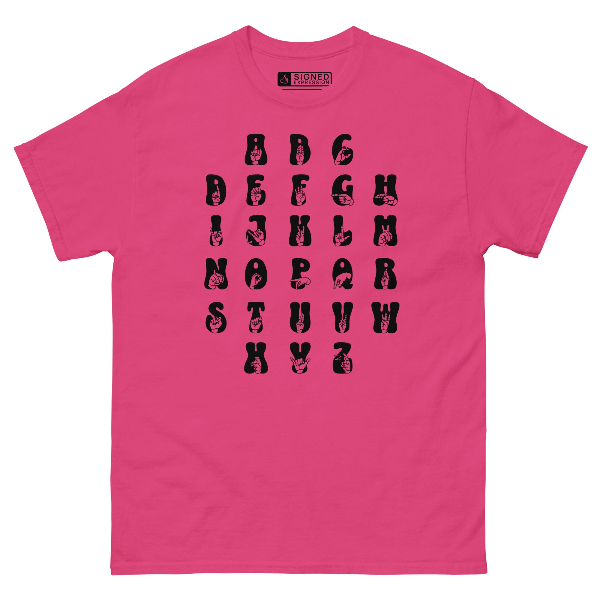 Front view of a heliconia t-shirt with ASL Alphabet - Black Fingerspelling & Text
