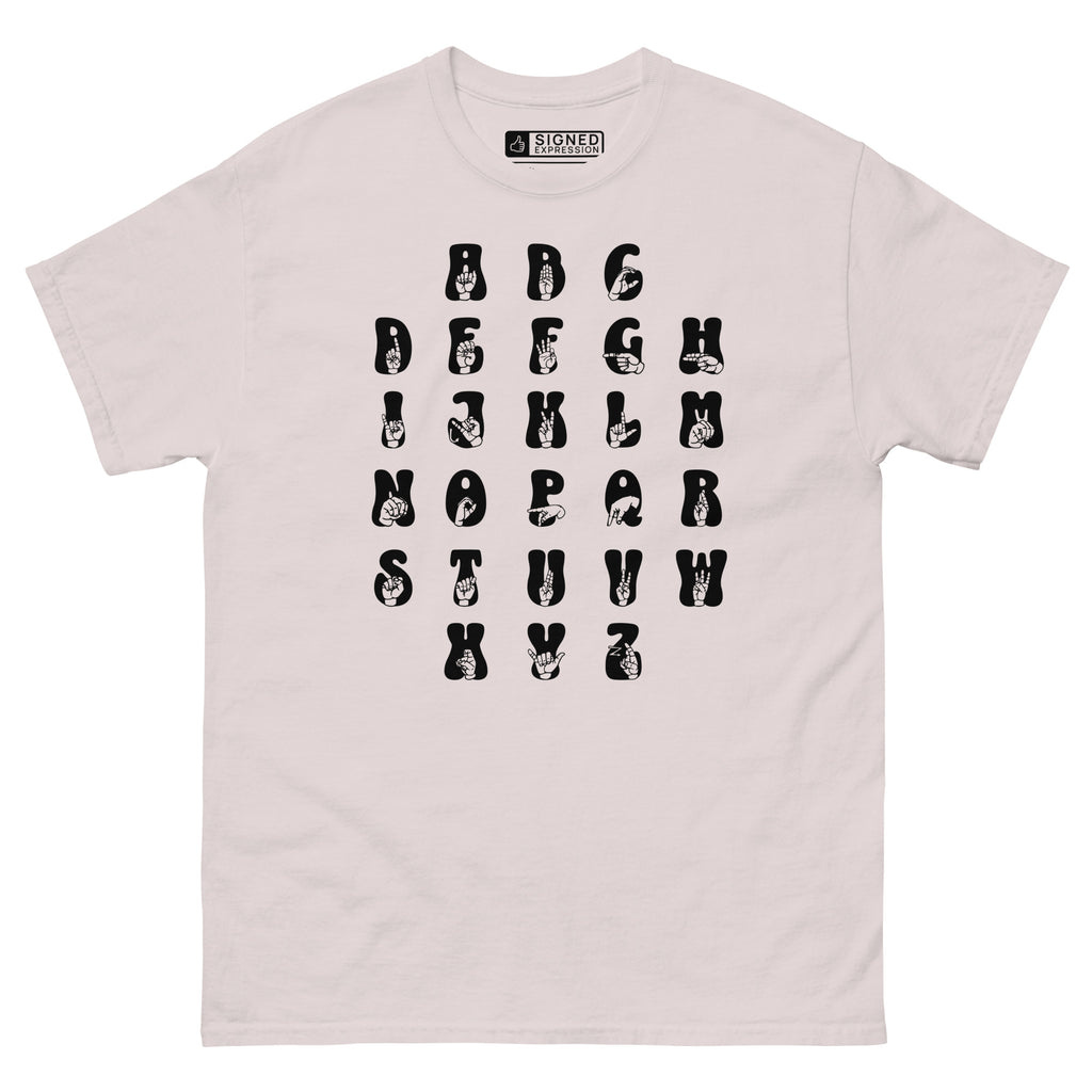 Front view of a ice grey t-shirt with ASL Alphabet - Black Fingerspelling & Text