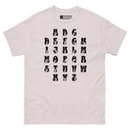 Front view of a ice grey t-shirt with ASL Alphabet - Black Fingerspelling & Text