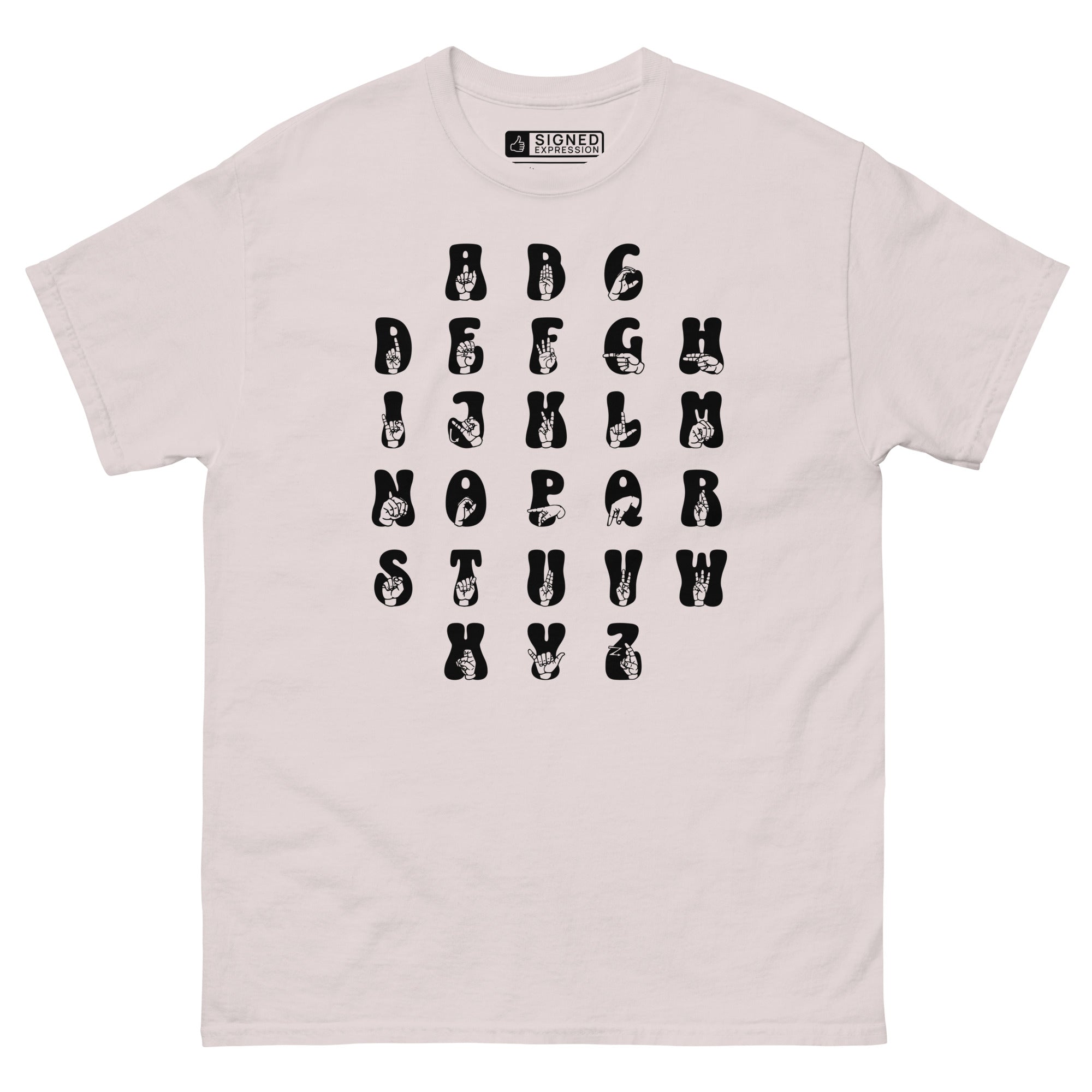 Front view of a ice grey t-shirt with ASL Alphabet - Black Fingerspelling & Text