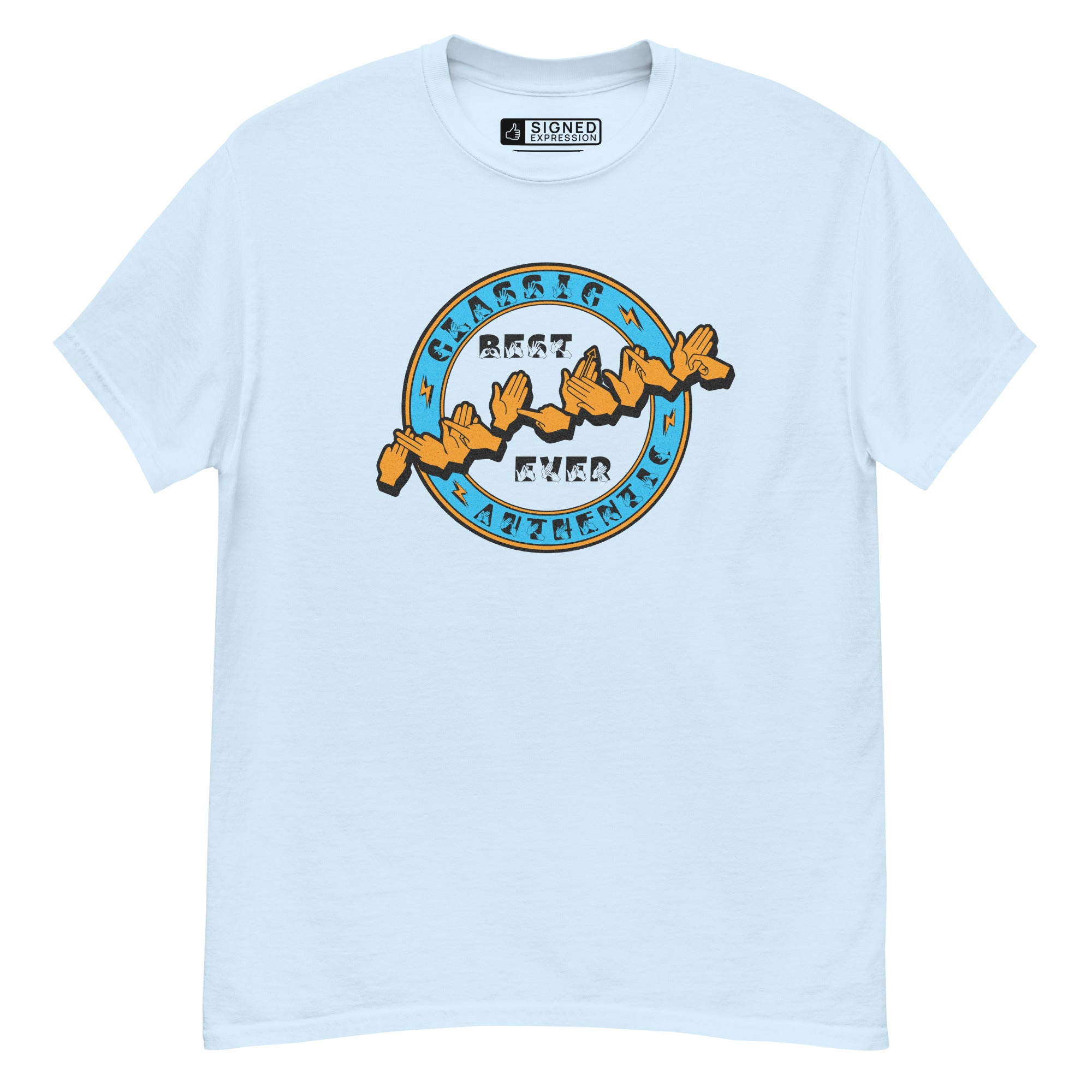 Light blue T-shirt with ‘Best Father Ever’ in BSL fingerspelling and text on the front