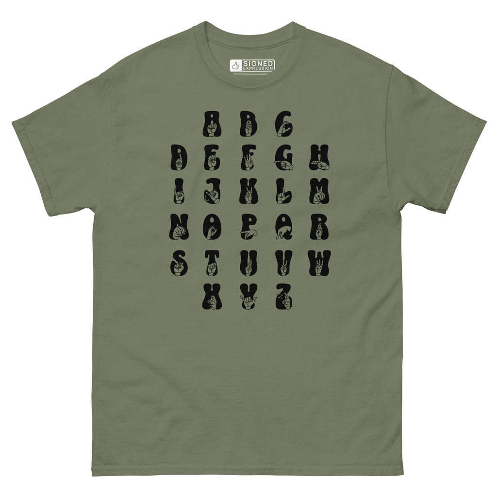 Front view of a military green t-shirt with ASL Alphabet - Black Fingerspelling & Text