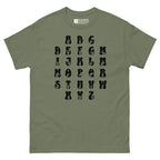Front view of a military green t-shirt with ASL Alphabet - Black Fingerspelling & Text