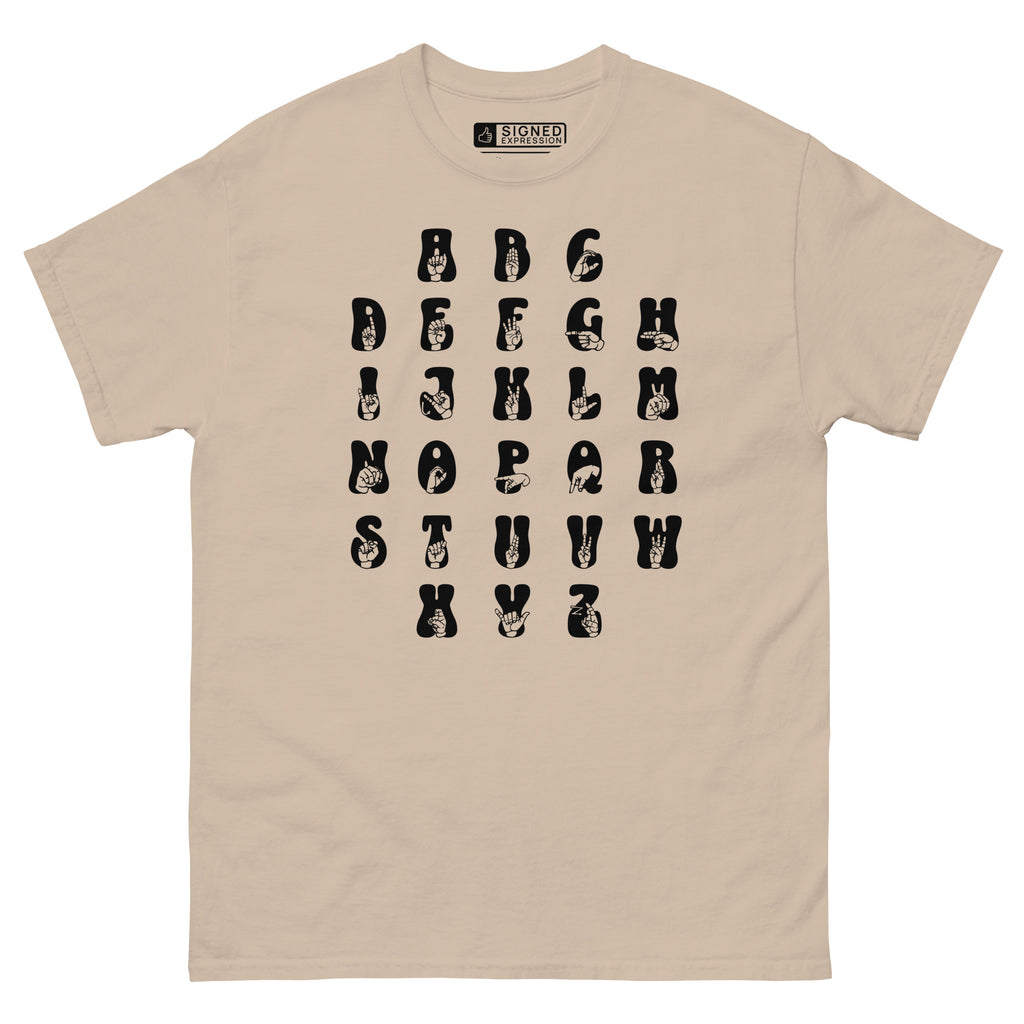 Front view of a sand t-shirt with ASL Alphabet - Black Fingerspelling & Text
