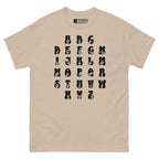 Front view of a sand t-shirt with ASL Alphabet - Black Fingerspelling & Text