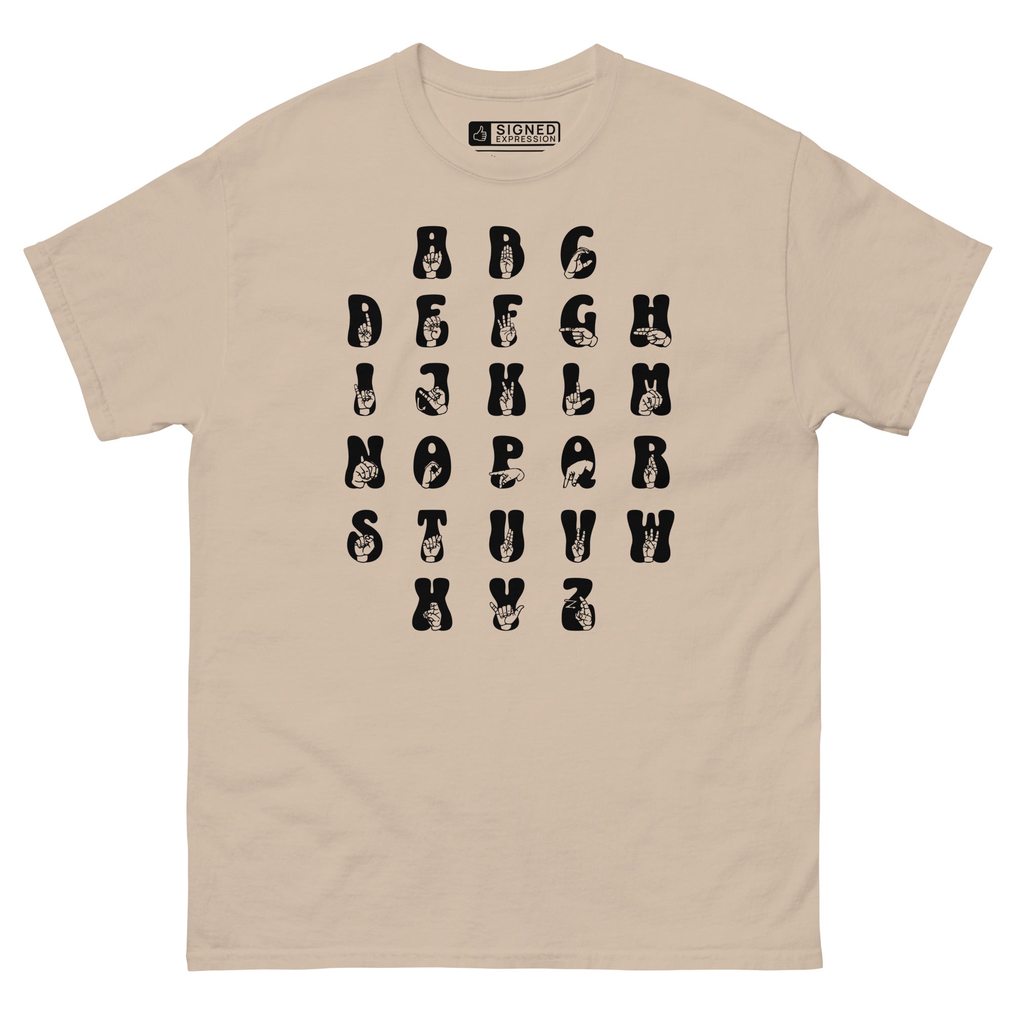 Front view of a sand t-shirt with ASL Alphabet - Black Fingerspelling & Text