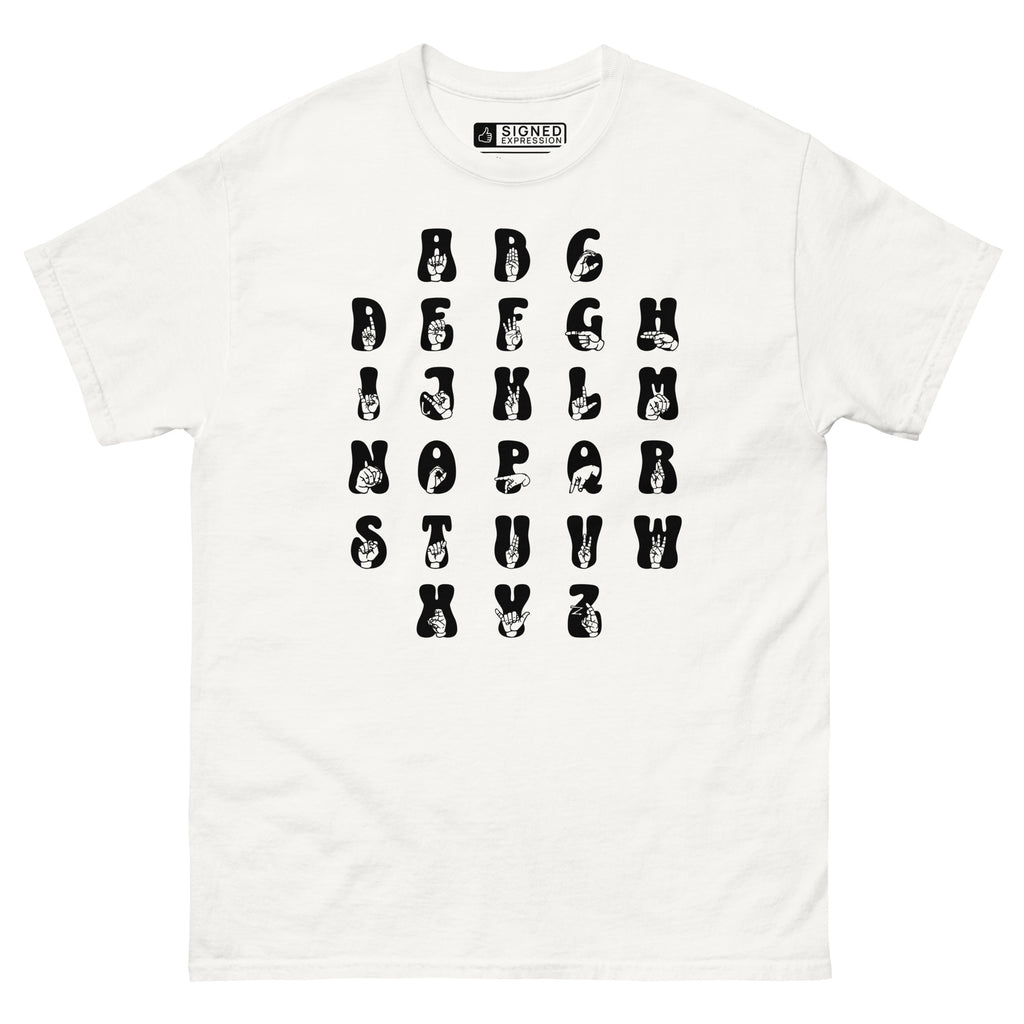 Front view of a white t-shirt with ASL Alphabet - Black Fingerspelling & Text