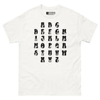 Front view of a white t-shirt with ASL Alphabet - Black Fingerspelling & Text