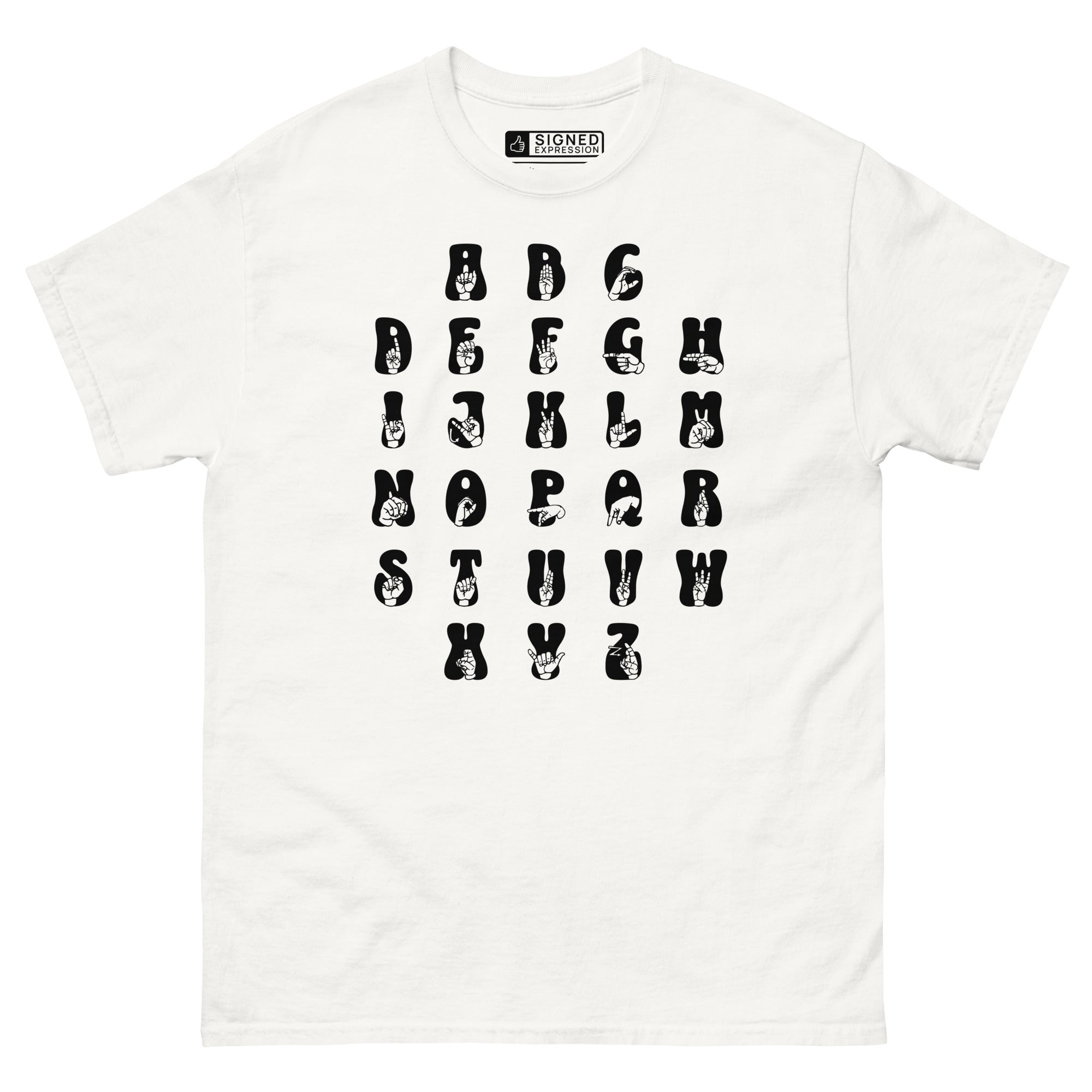 Front view of a white t-shirt with ASL Alphabet - Black Fingerspelling & Text