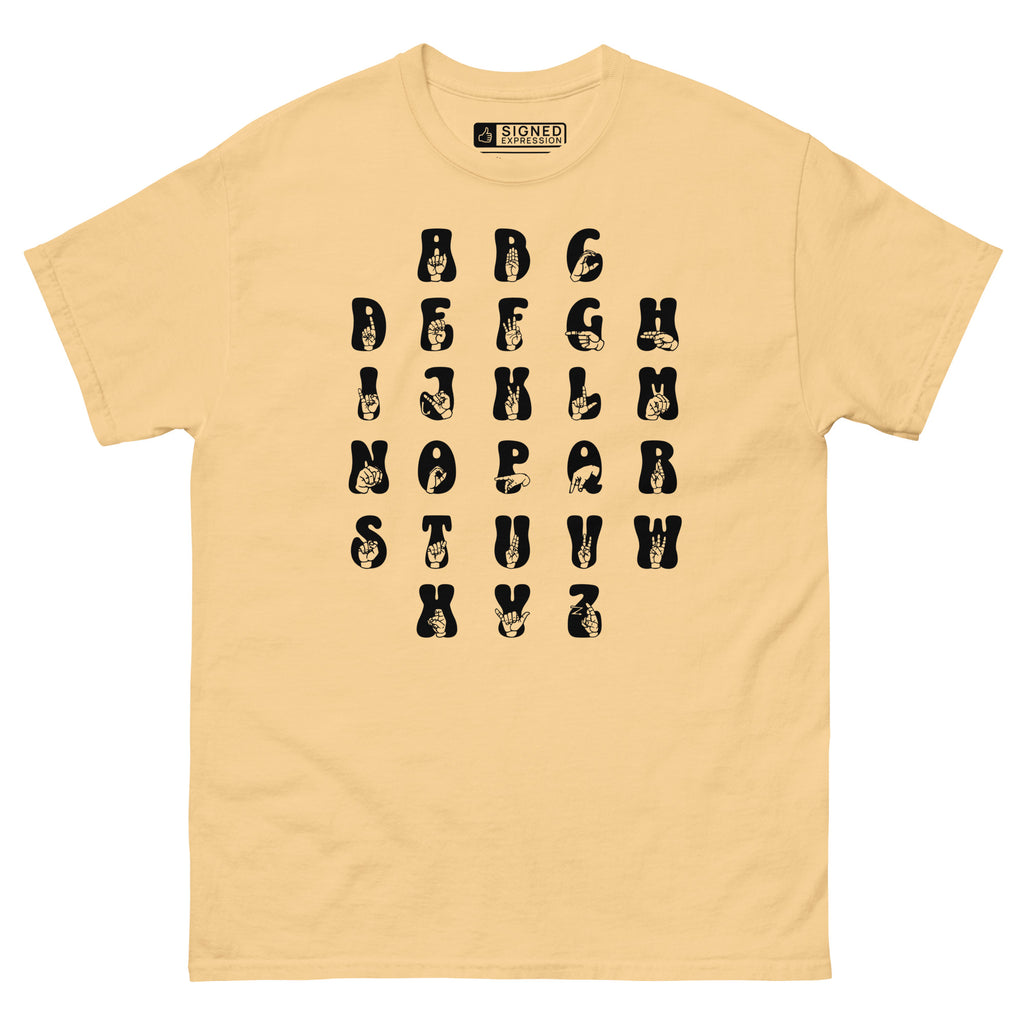 Front view of a yellow haze t-shirt with ASL Alphabet - Black Fingerspelling & Text