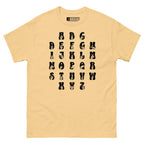 Front view of a yellow haze t-shirt with ASL Alphabet - Black Fingerspelling & Text