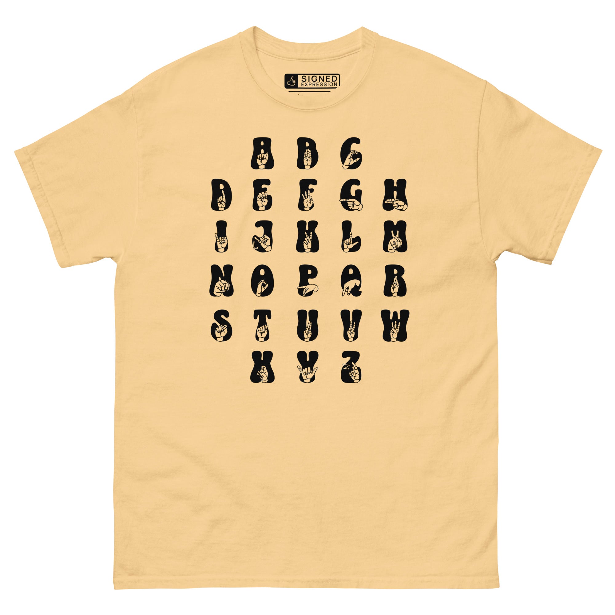 Front view of a yellow haze t-shirt with ASL Alphabet - Black Fingerspelling & Text