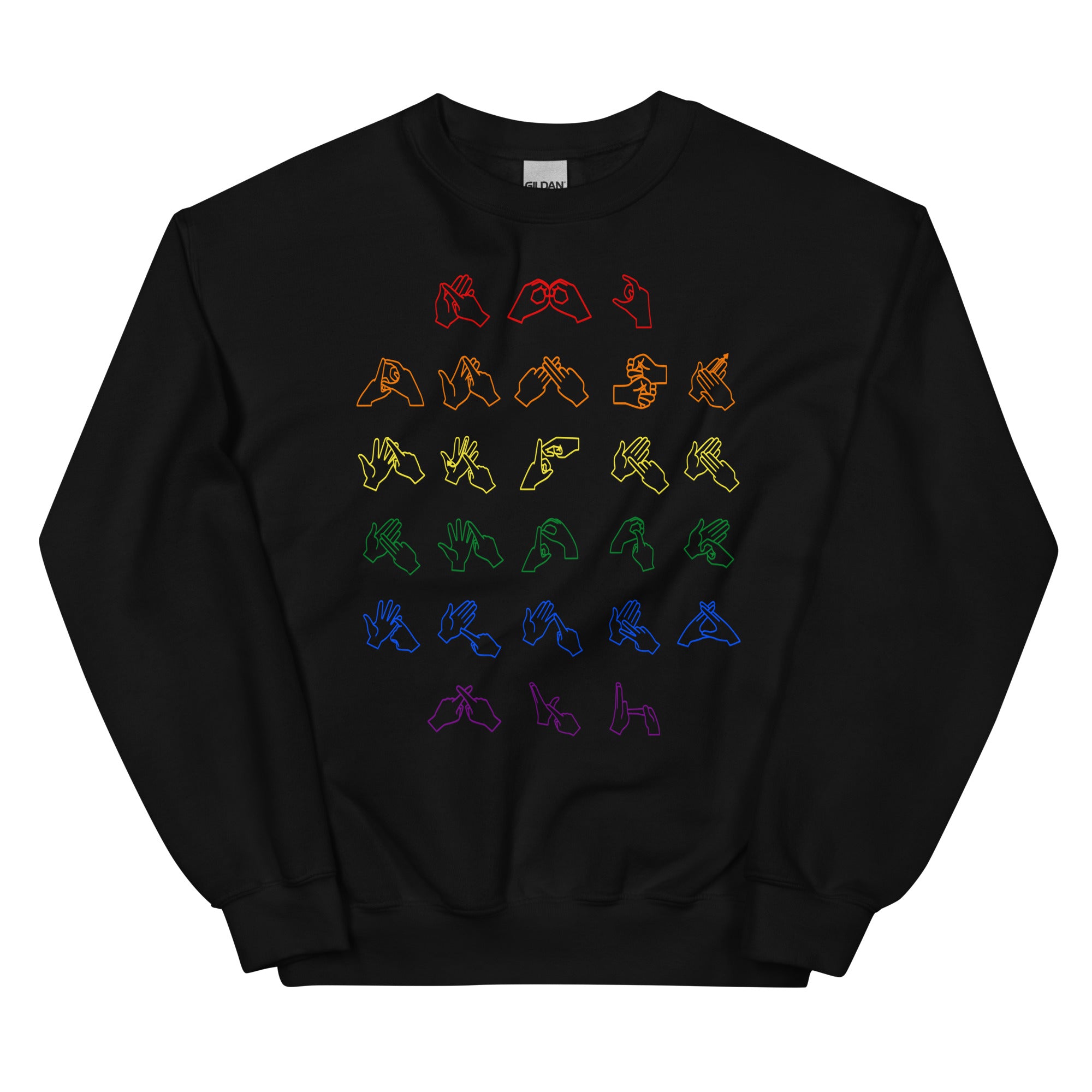 Front view of a black sweatshirt with BSL Alphabet - Pride Fingerspelling