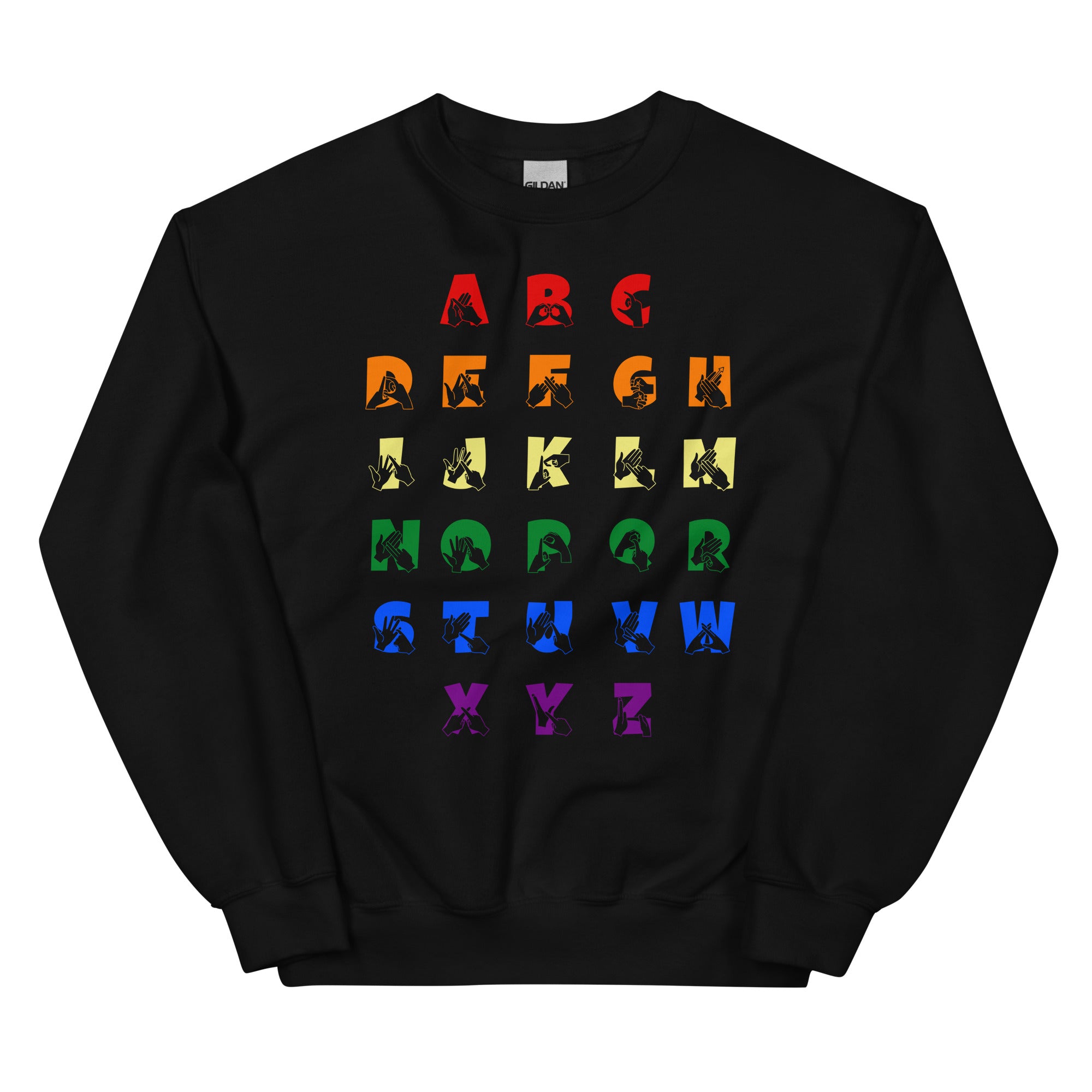 Front view of a black sweatshirt with BSL Alphabet - Pride Fingerspelling & Text