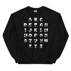 Front view of a black sweatshirt with BSL Alphabet - White Fingerspelling & Text