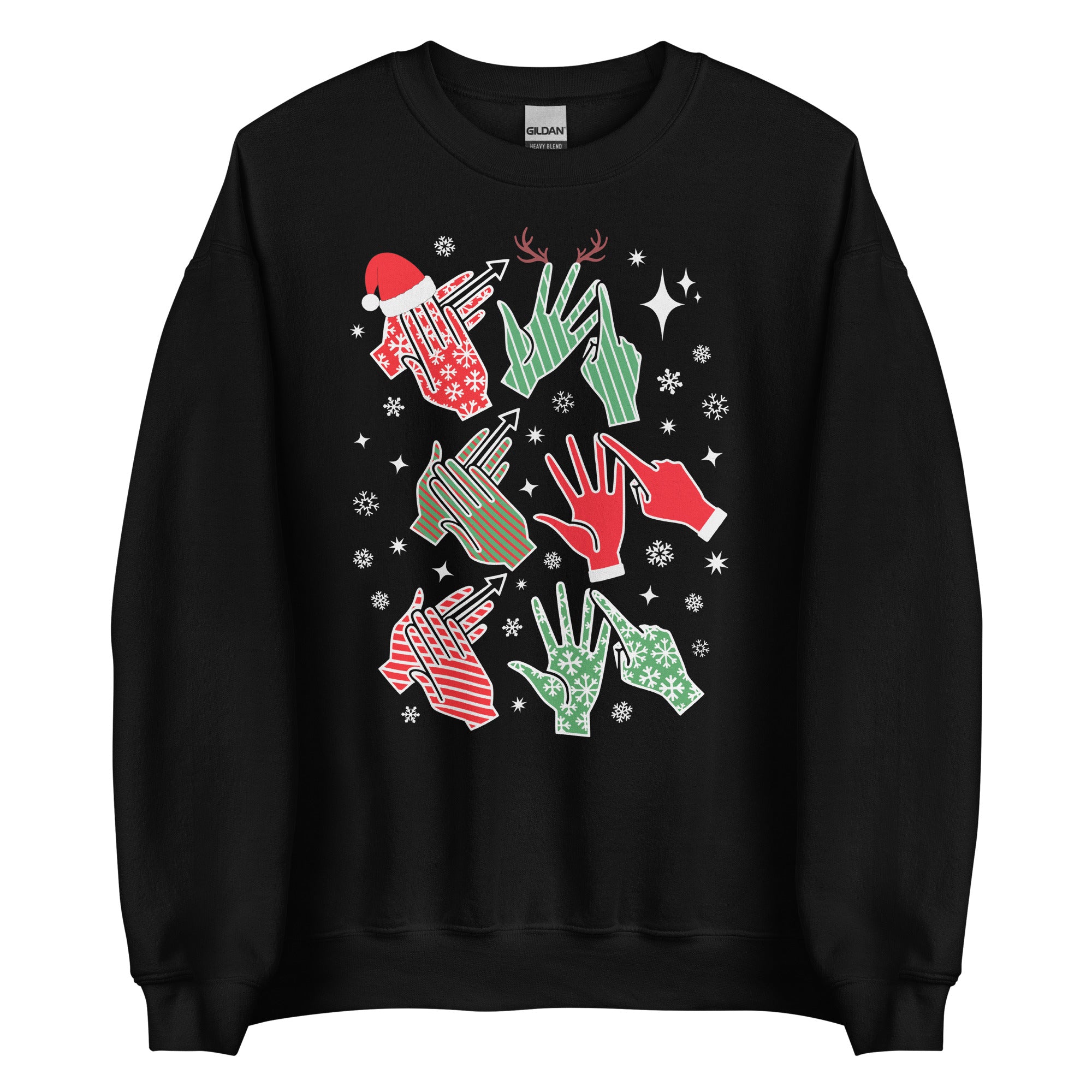 Black coloured Merry Christmas sweatshirt saying HO HO HO and BSL fingerspelling.