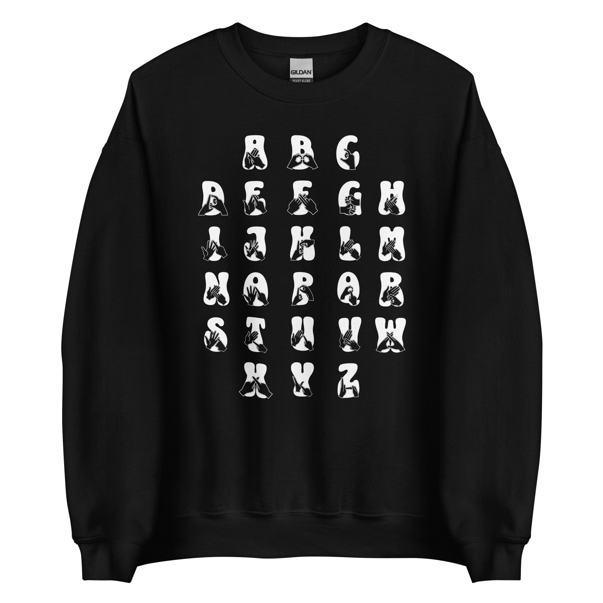 Front view of a black sweatshirt with BSL Alphabet - White Fingerspelling & Text