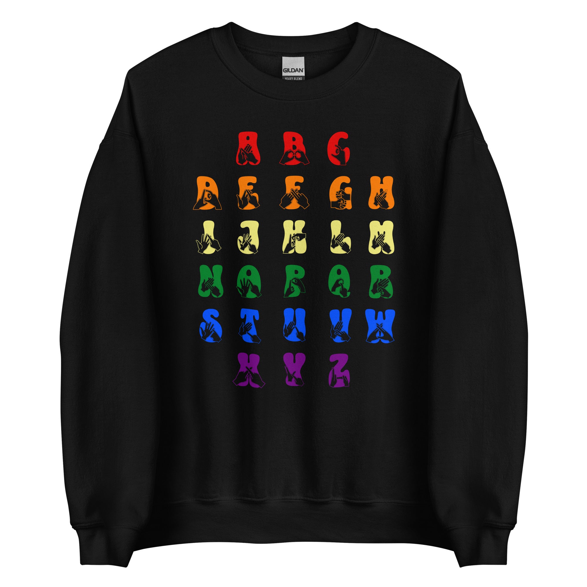 Front view of a black sweatshirt with BSL Alphabet - Pride Fingerspelling & Text
