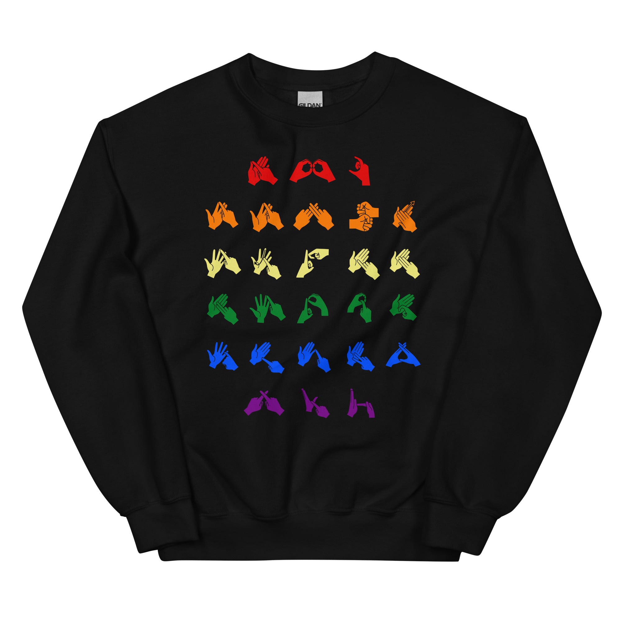 Front view of a black sweatshirt with BSL Alphabet - Pride Fingerspelling