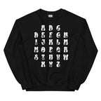 Front view of a black sweatshirt with ASL Alphabet - White Fingerspelling & Text