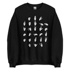 Front view of a black sweatshirt with ASL Alphabet - White Fingerspelling