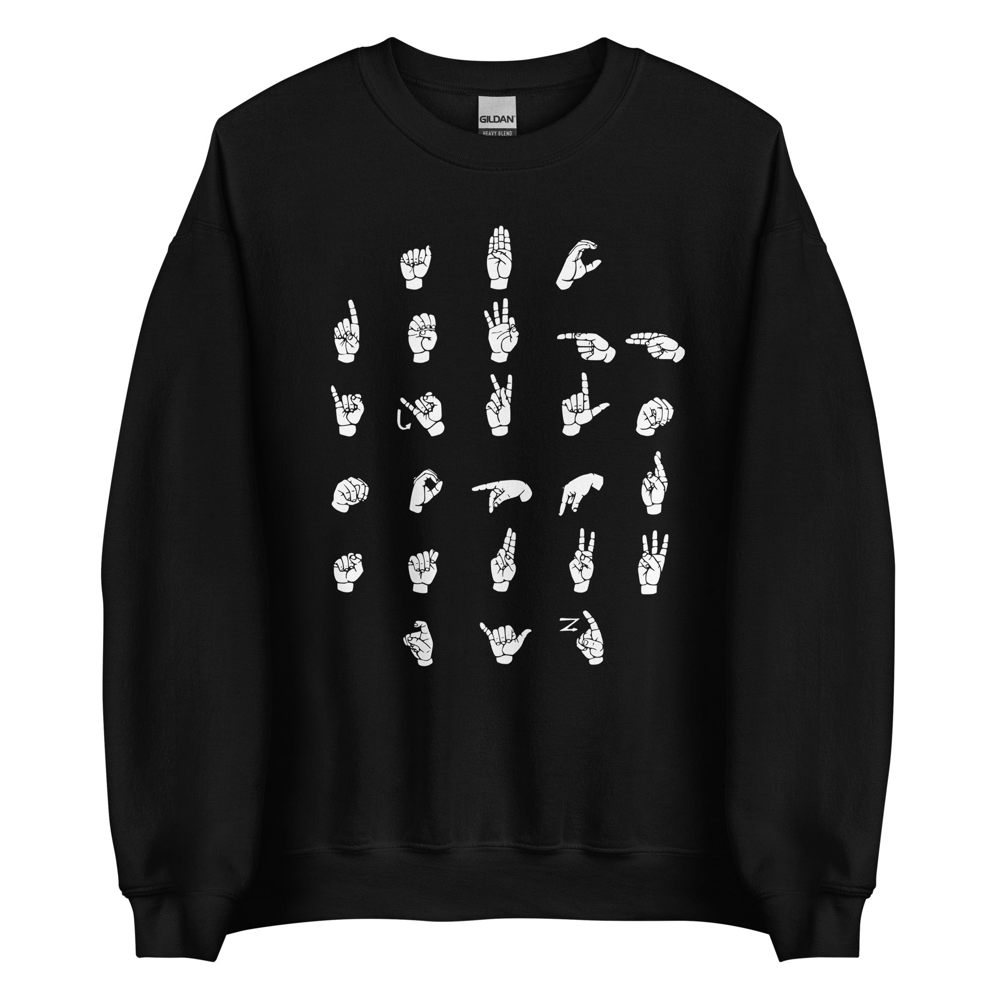 Front view of a black sweatshirt with ASL Alphabet - White Fingerspelling