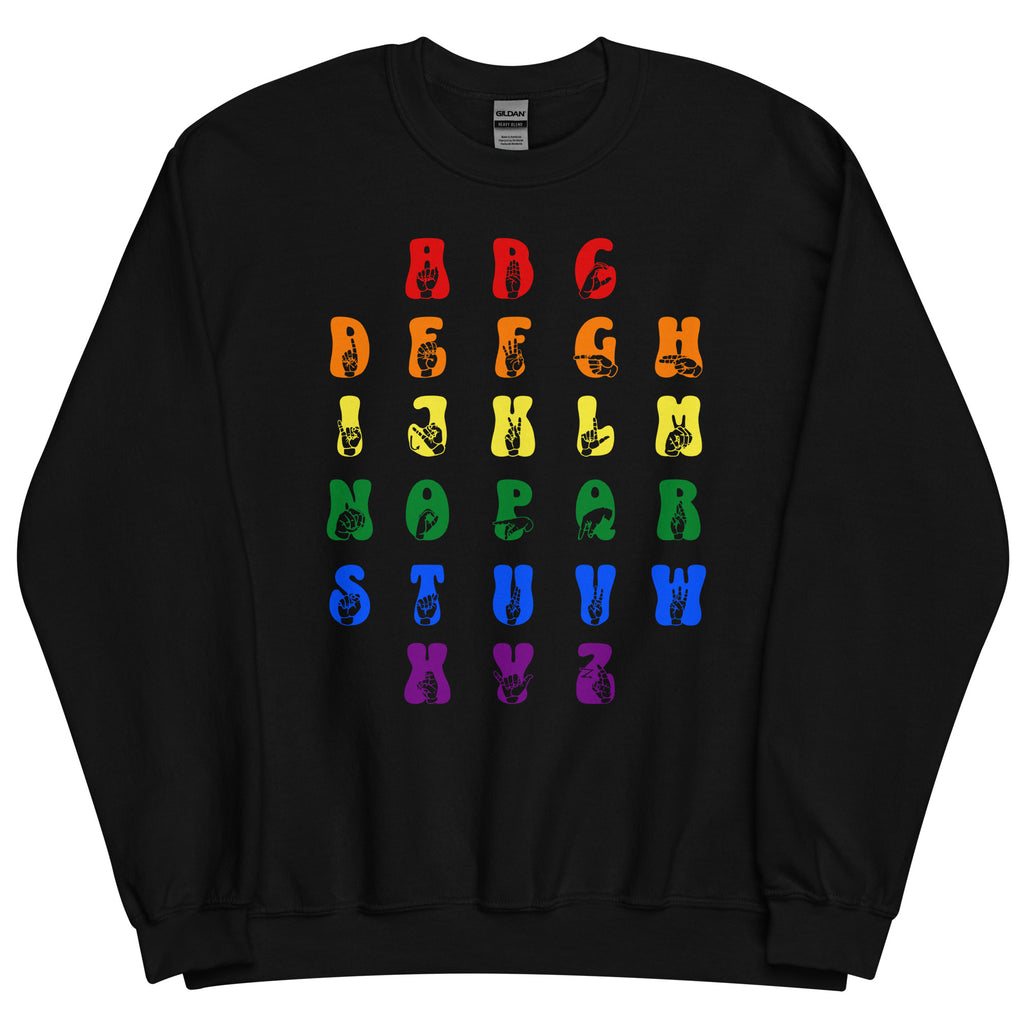 Front view of a black sweatshirt with ASL Alphabet - Pride Fingerspelling & Text