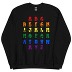 Front view of a black sweatshirt with ASL Alphabet - Pride Fingerspelling & Text