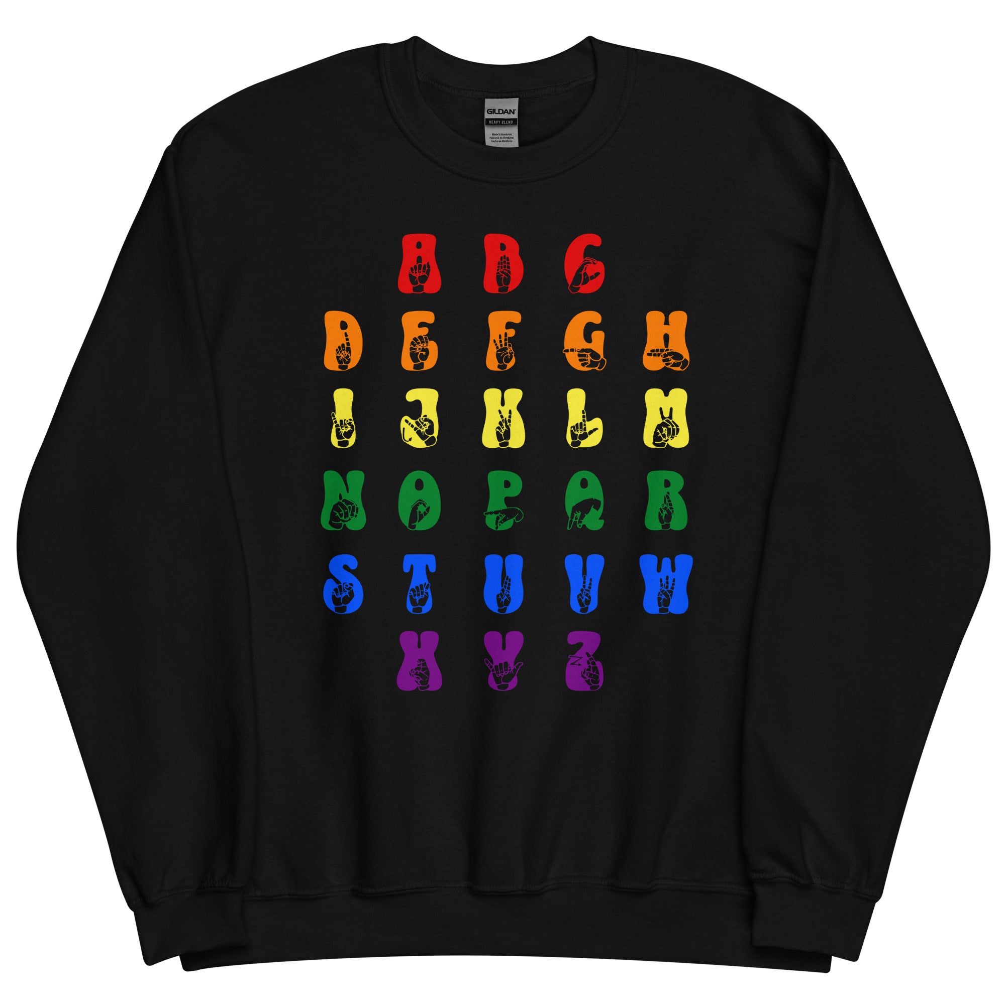 Front view of a black sweatshirt with ASL Alphabet - Pride Fingerspelling & Text